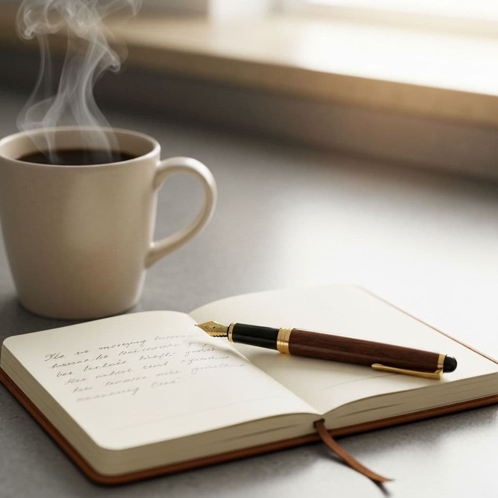 Beautiful morning journaling setup with coffee and pen